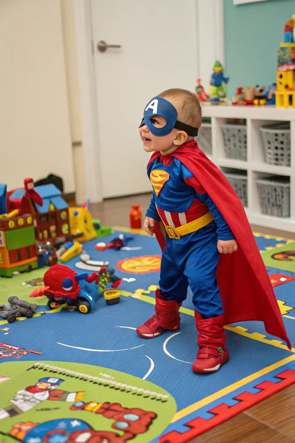 This tiny superhero is ready to fly into action.