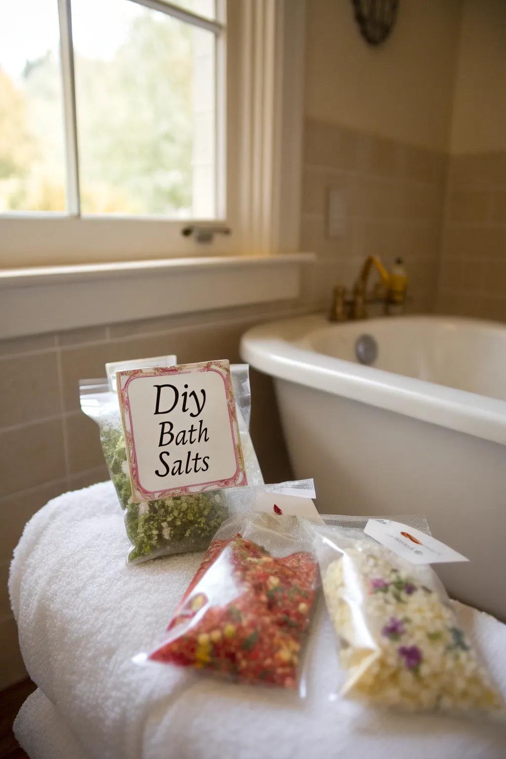 DIY bath salt sachets offer a soothing favor option.