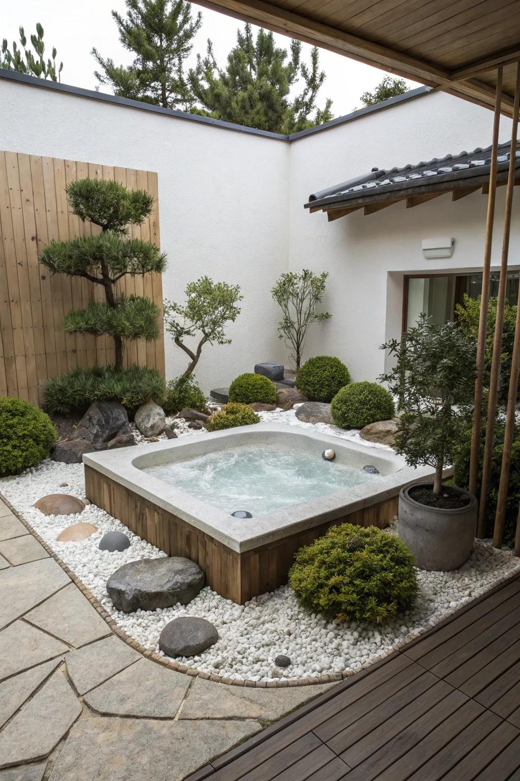 A zen-like design creates a peaceful retreat around your hot tub.