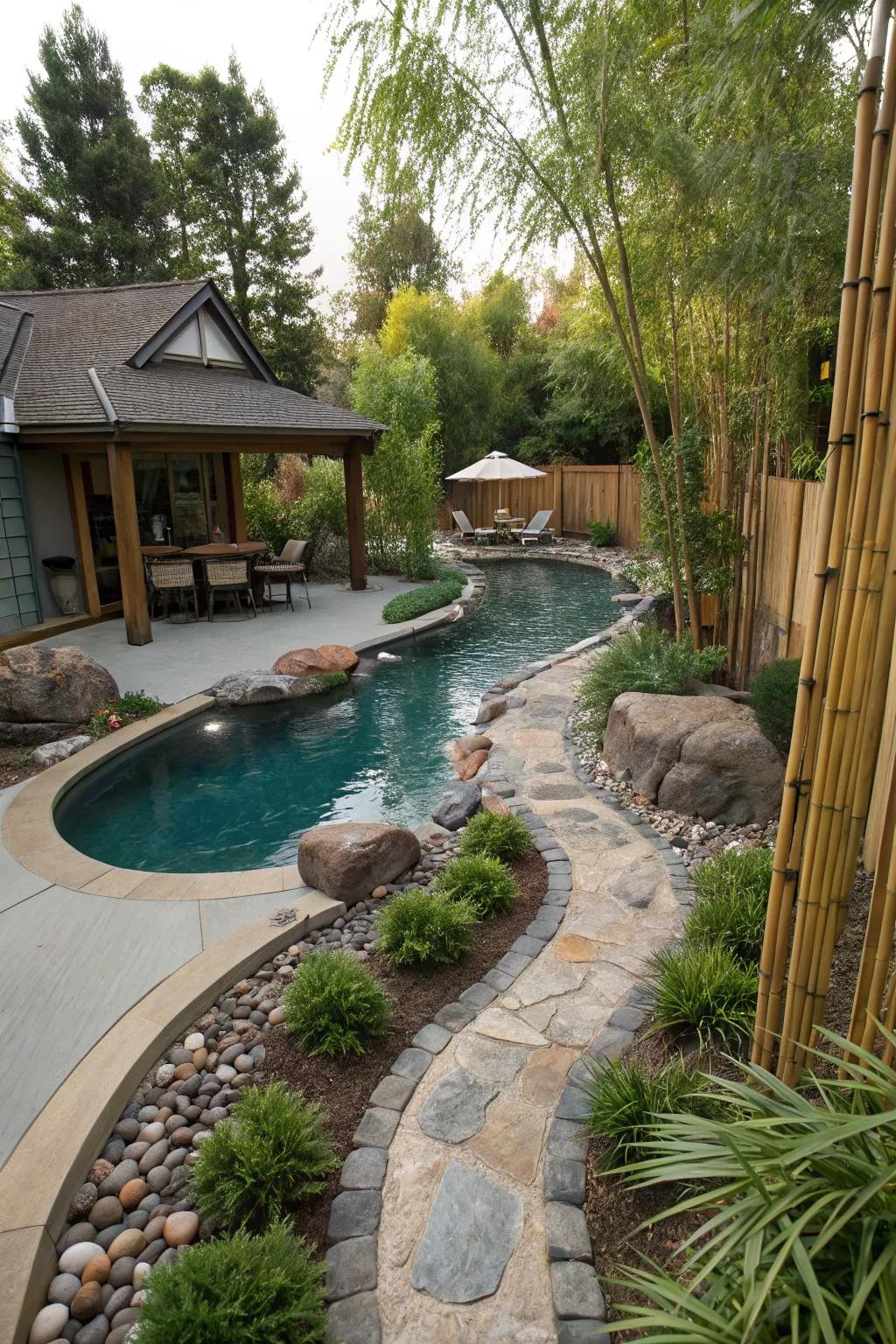 A Zen-inspired lazy river pool area with bamboo and stones.