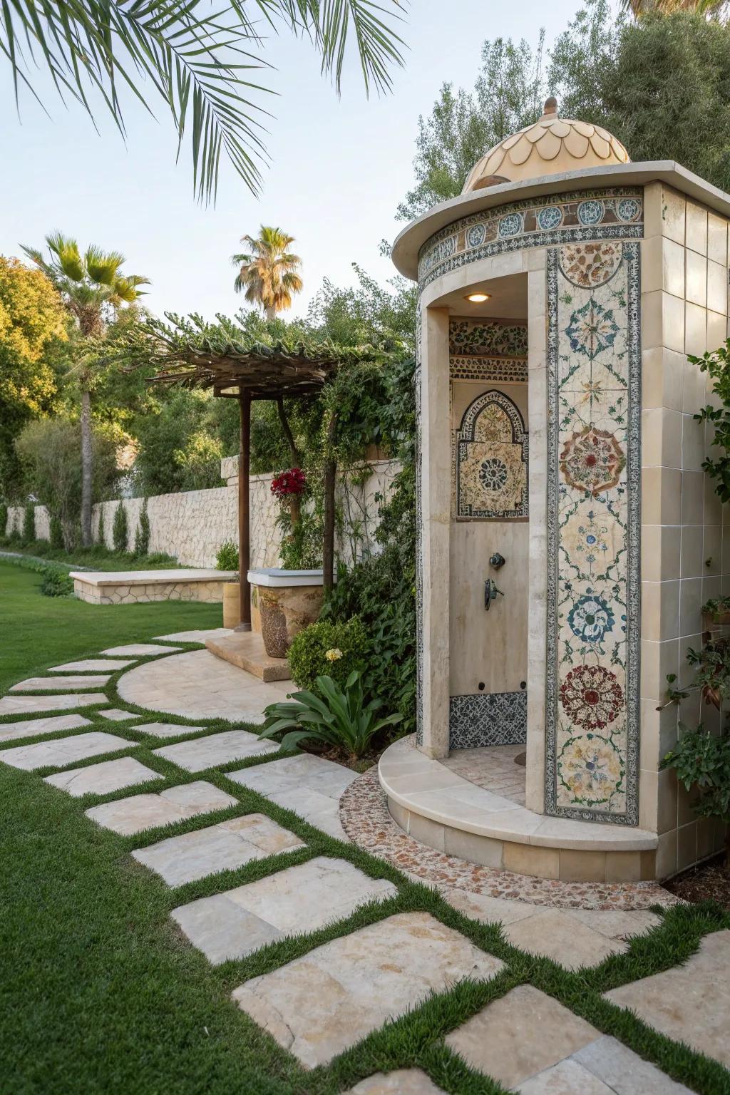 An elegant outdoor shower with decorative tiles and stone elements.