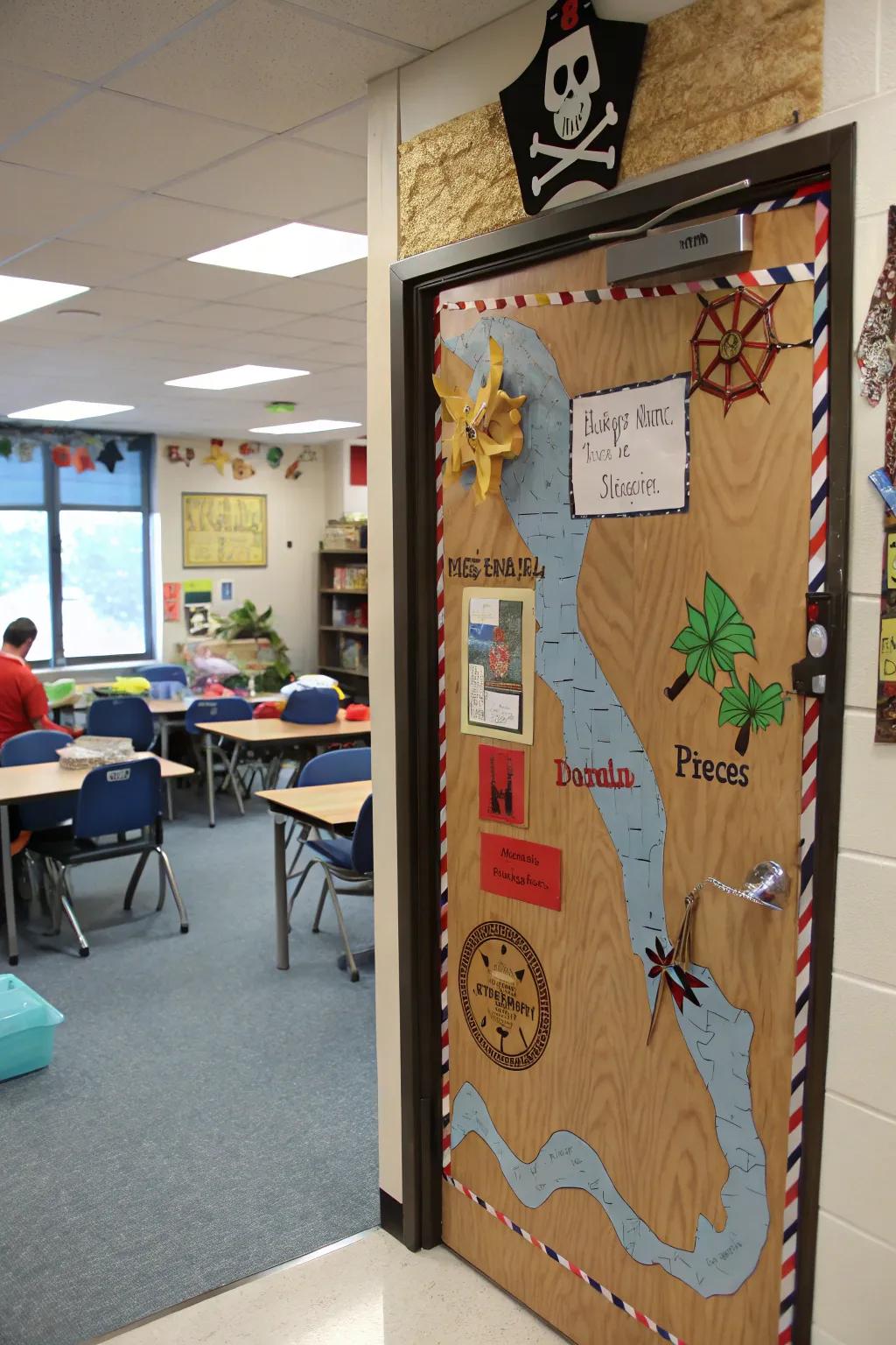 Classroom door with a pirate's cove theme for imaginative adventures.