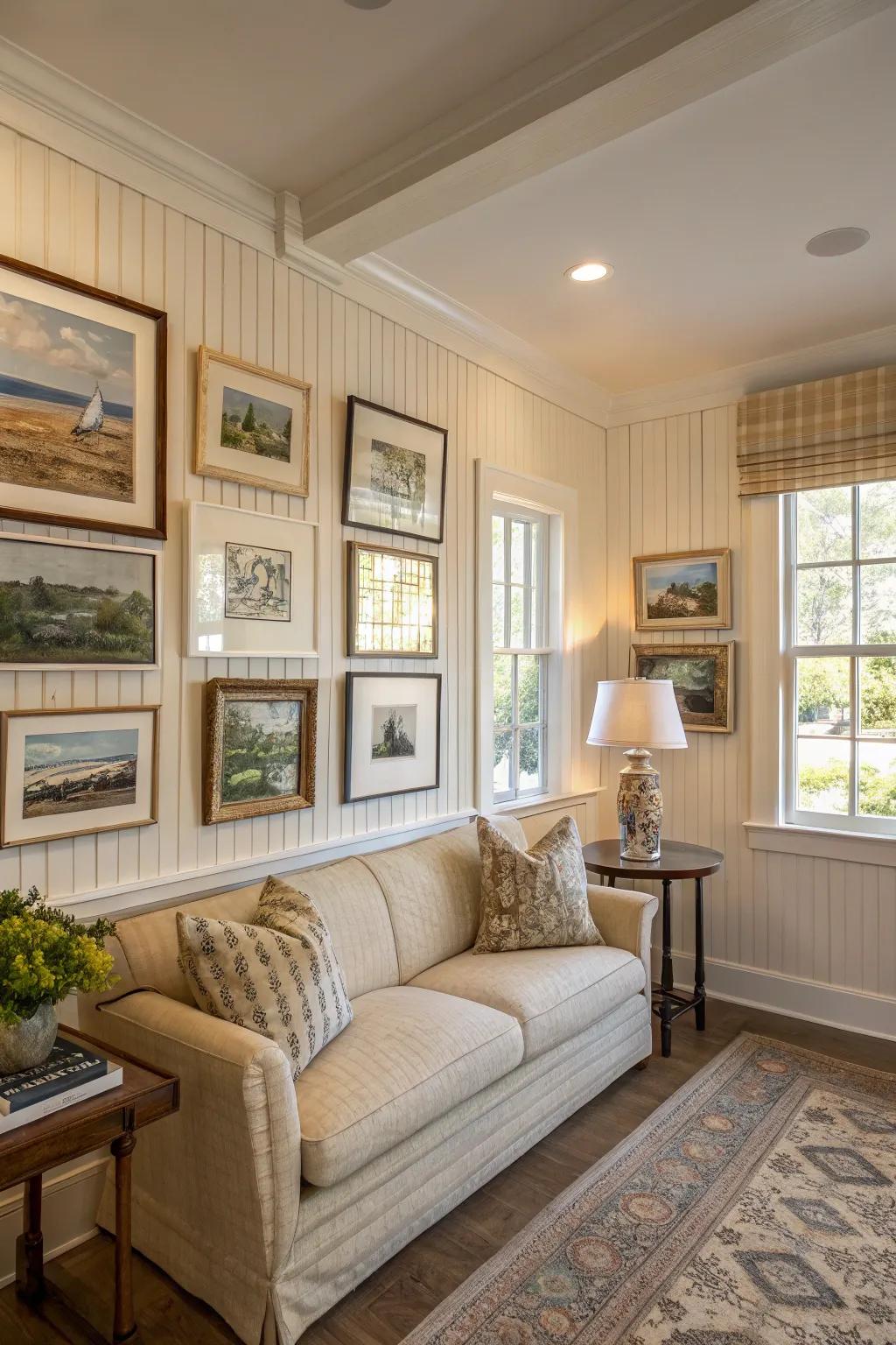 An artistic living room with neutral beadboard walls.