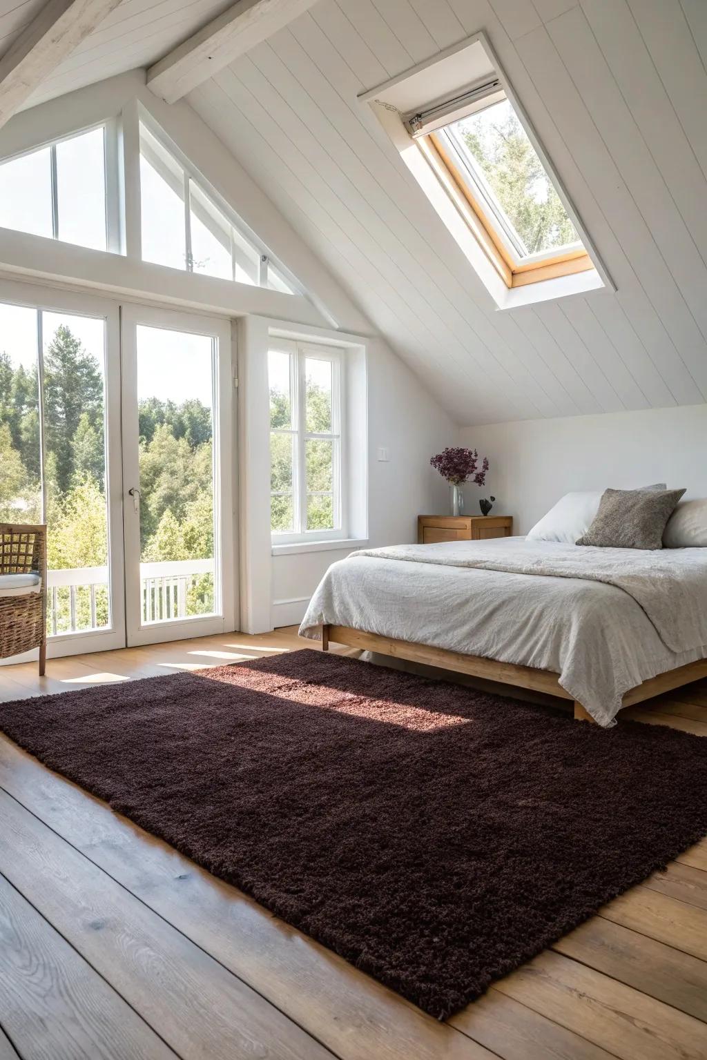 Dark floor coverings provide striking contrast and sophistication.