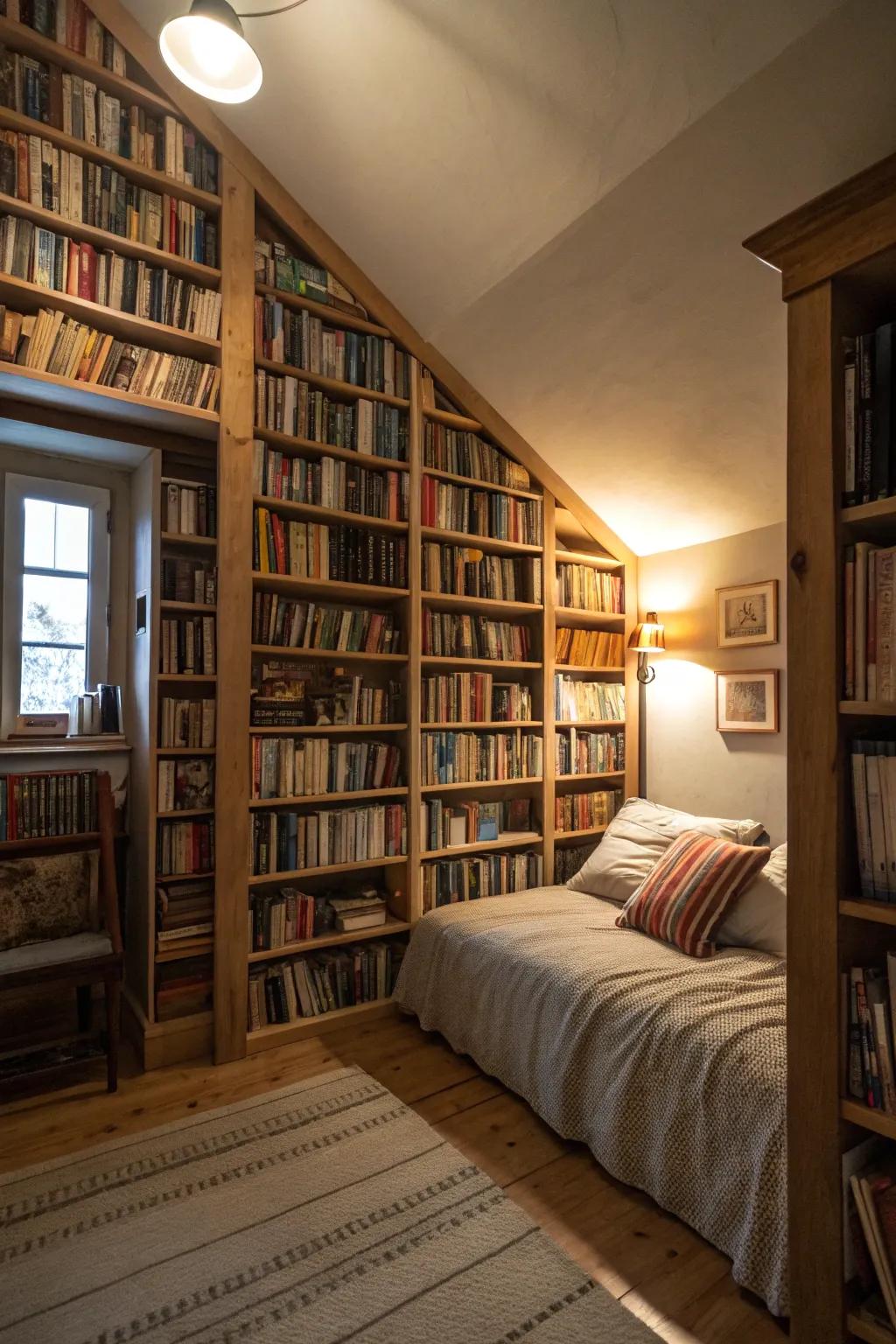 A library wall can be a book lover's dream come true in a bedroom.