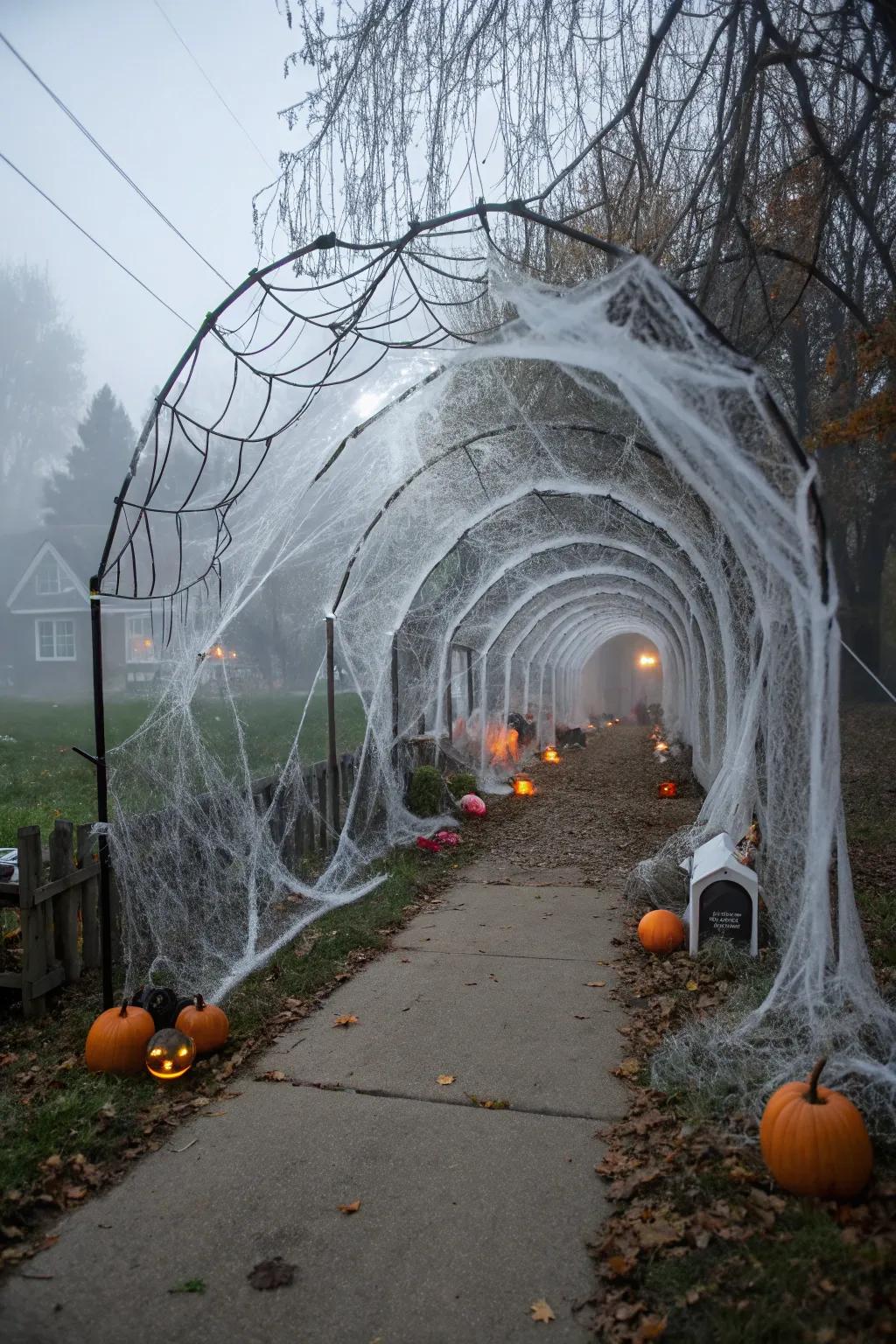 A spider web tunnel invites guests to navigate its intricate maze.