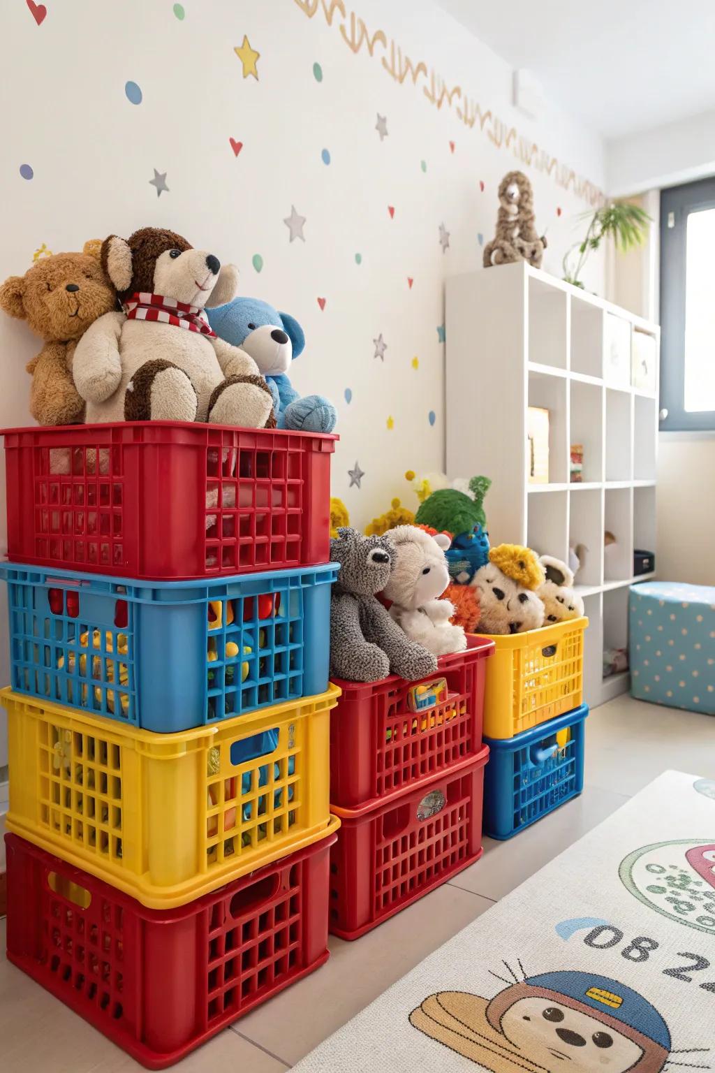 Colorful crates add a fun and practical holding solution.