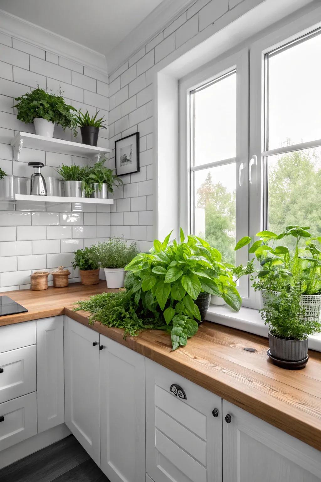 Greenery adds life and freshness to the kitchen.