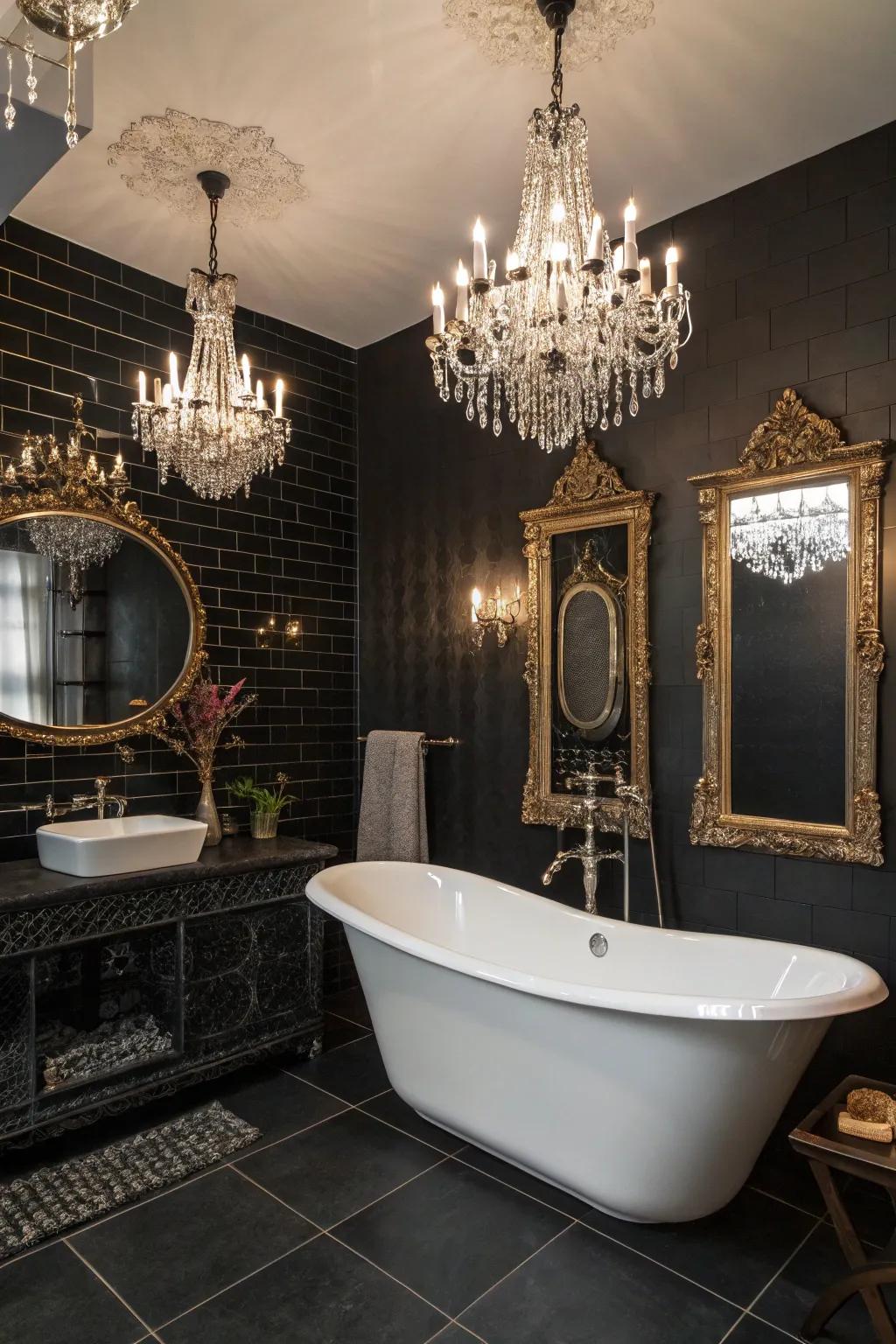 Crystal accents add vintage glamour to black bathrooms.