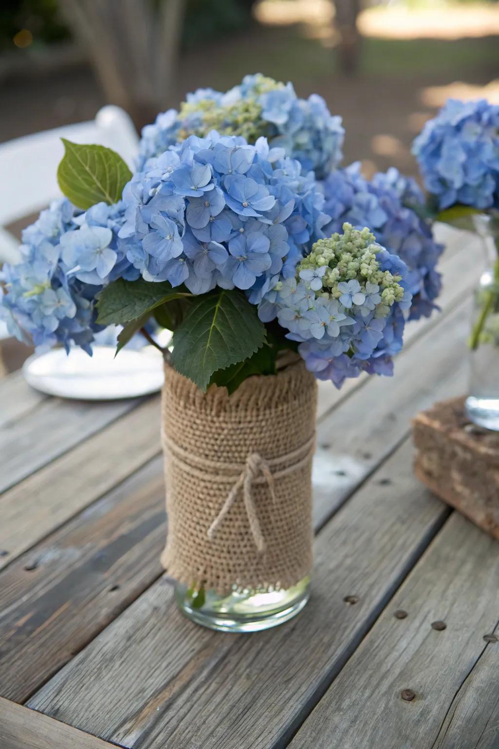 Burlap-wrapped vases contribute rural elegance to azure hydrangeas.