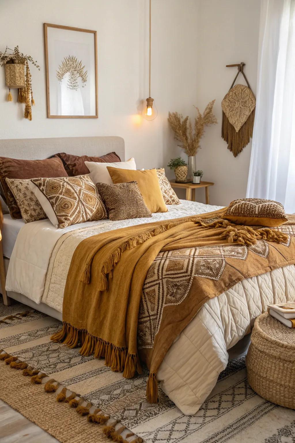 Layered textiles create a cozy and inviting atmosphere.