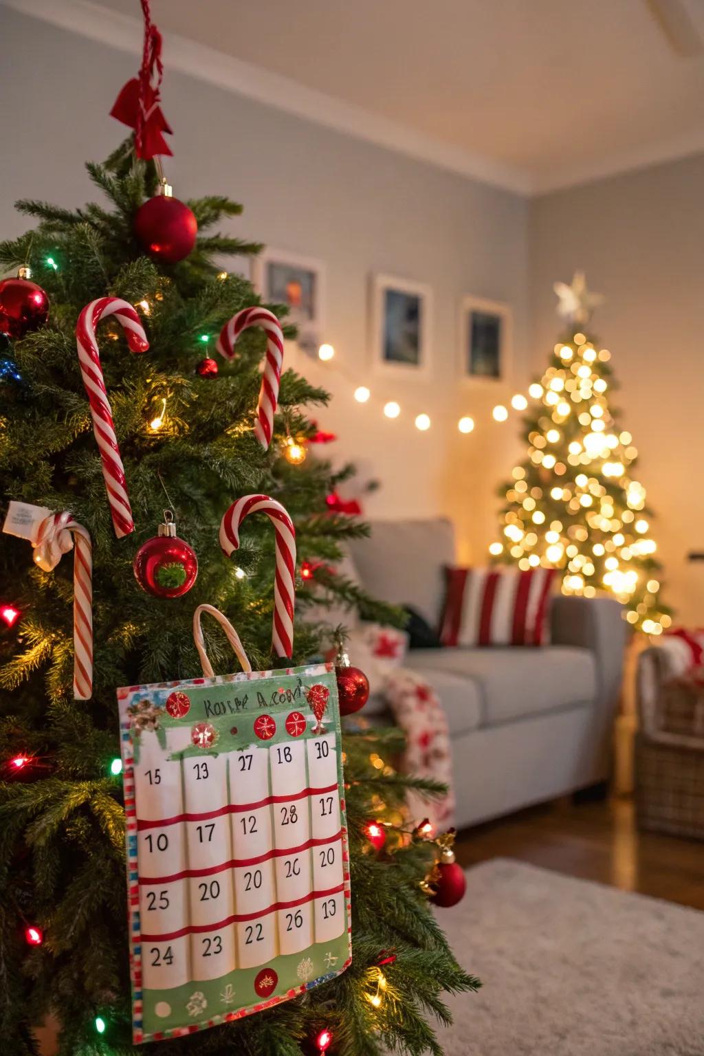 Interactive elements make this candy cane tree fun and engaging.