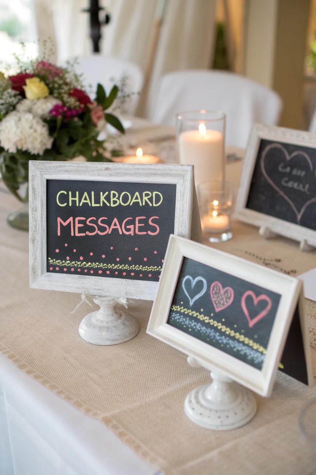 Mini chalkboards invite creativity and personal messages.