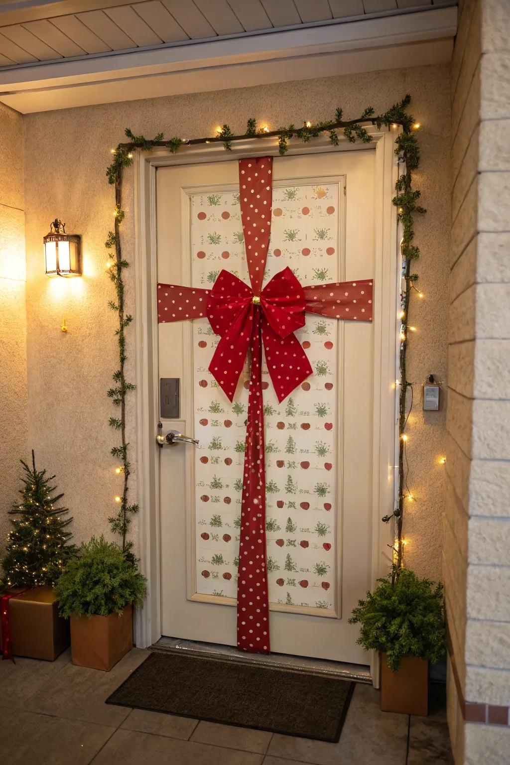 A wrapped gift theme gives this door a classic Christmas look.