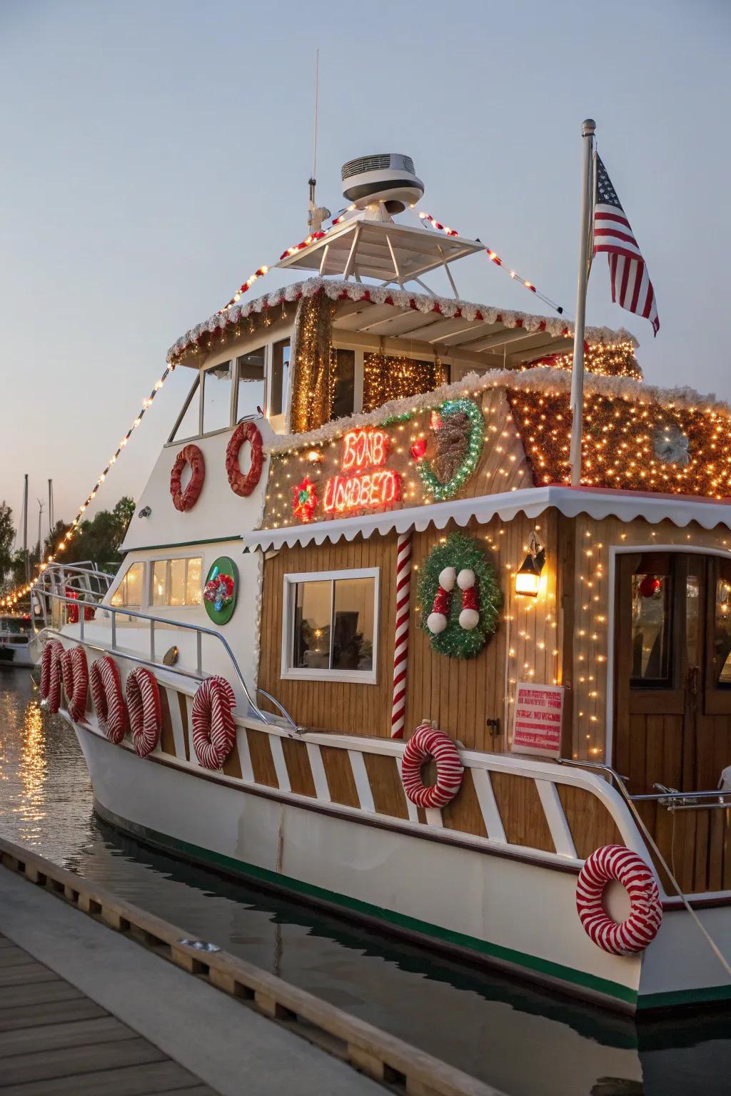 A gingerbread house boat, deliciously delightful and visually stunning.