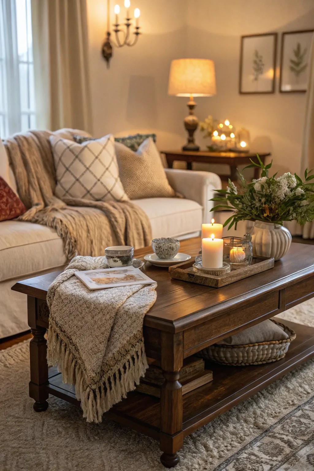 Creating a cozy nook makes your coffee table inviting and relaxing.