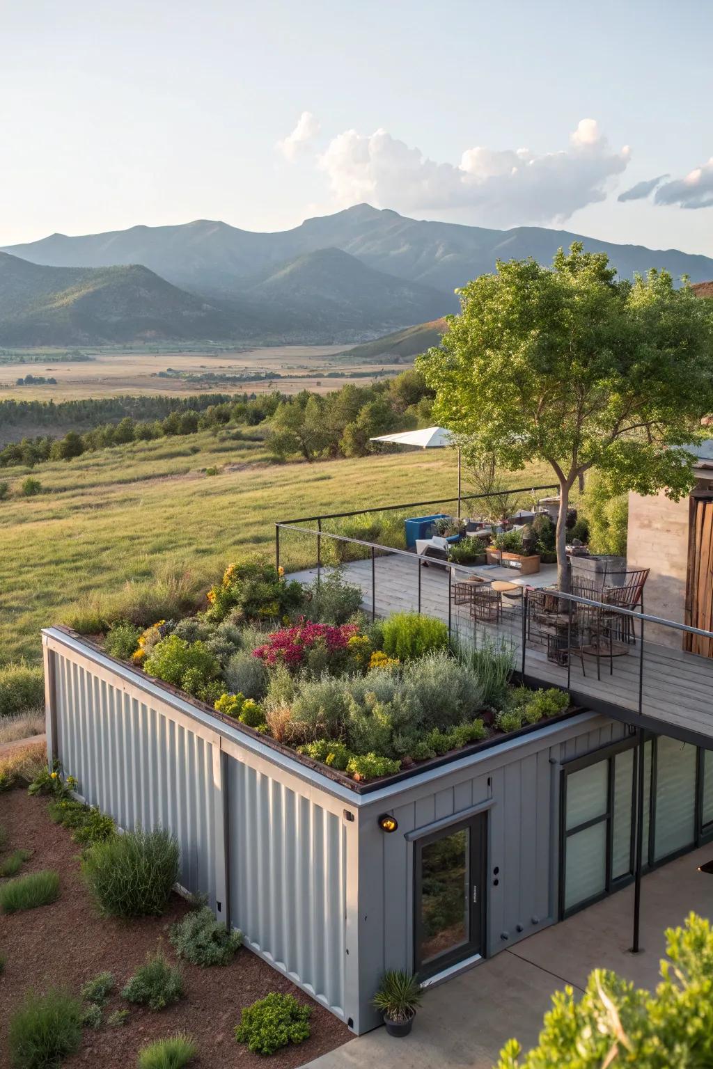 A container home with an inviting rooftop garden.