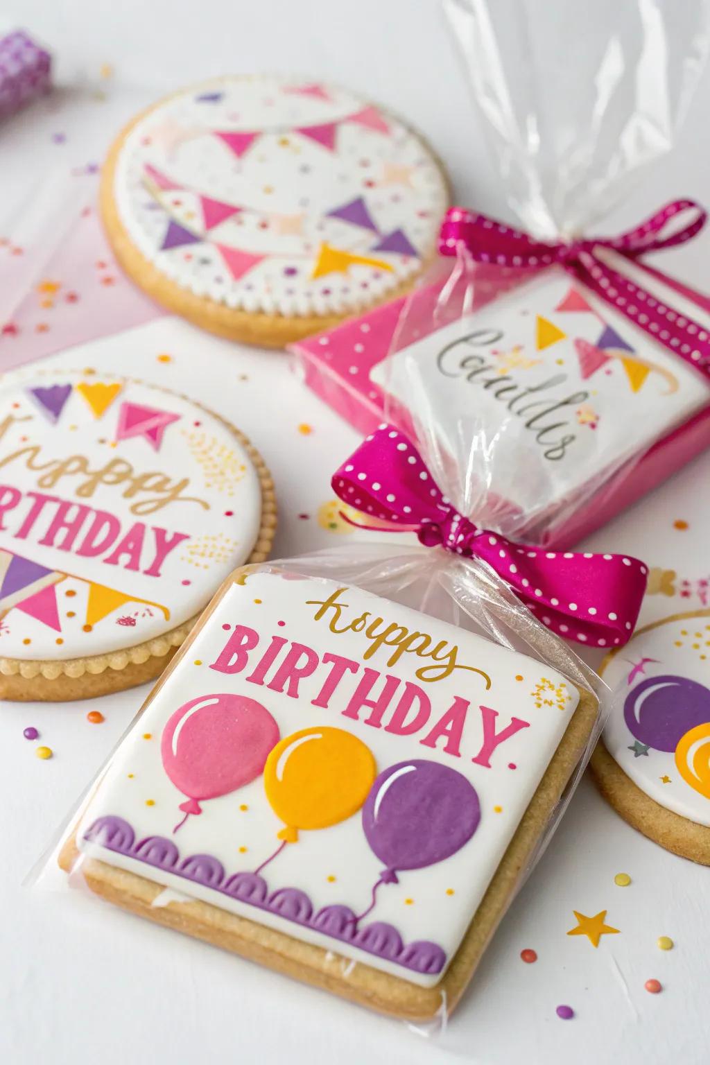 Themed packaging adds a celebratory touch to cookie gifts.