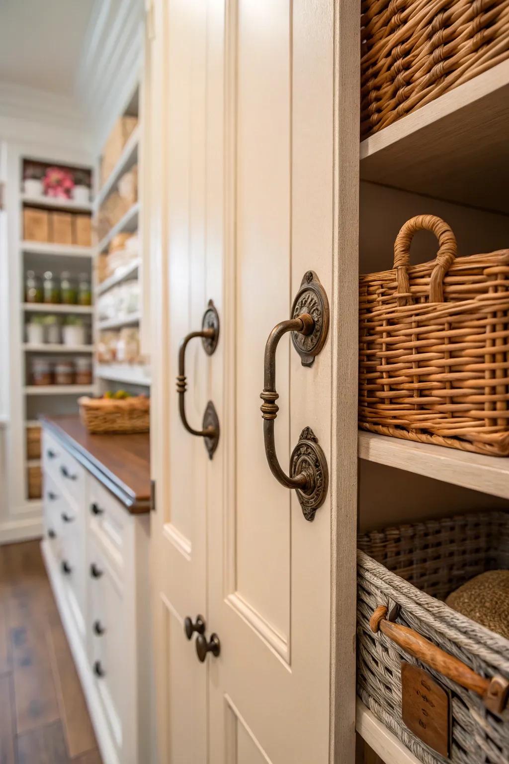 Vintage elements in a corner pantry for added character.