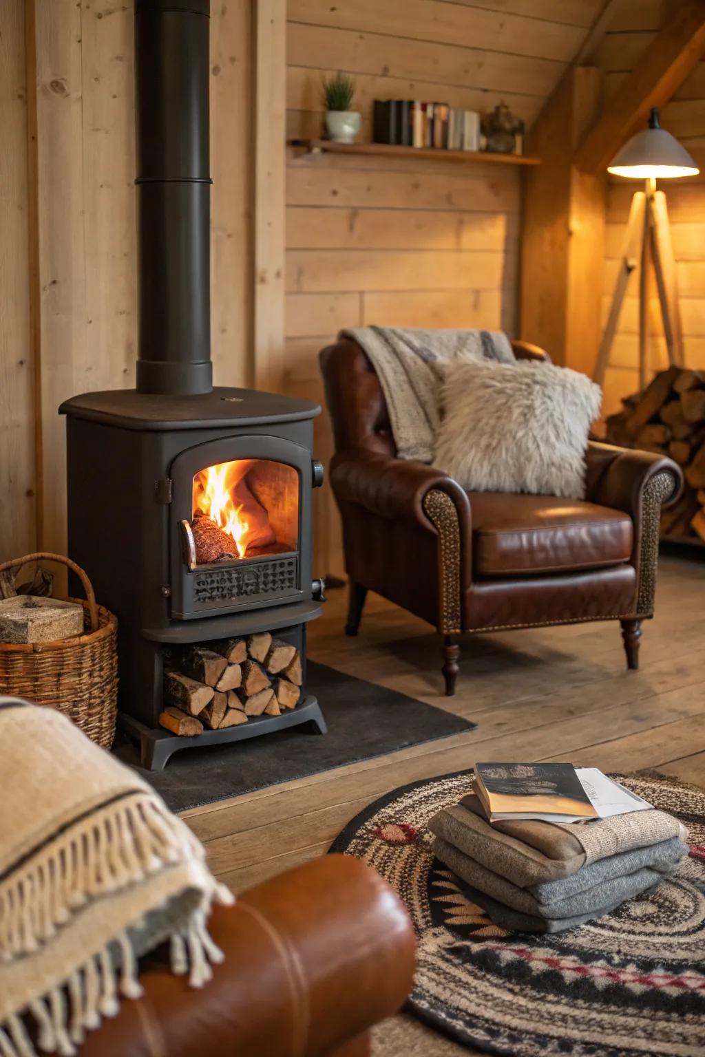 Layered textures create a rich and inviting stove area.