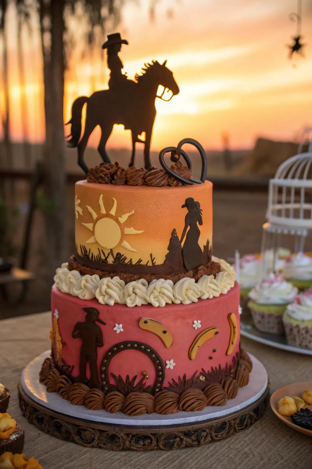 A sunset silhouette captures the serene beauty of the Western landscape on this cake.