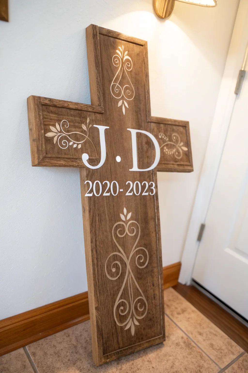 A personalized cross adding a heartfelt touch to decor.