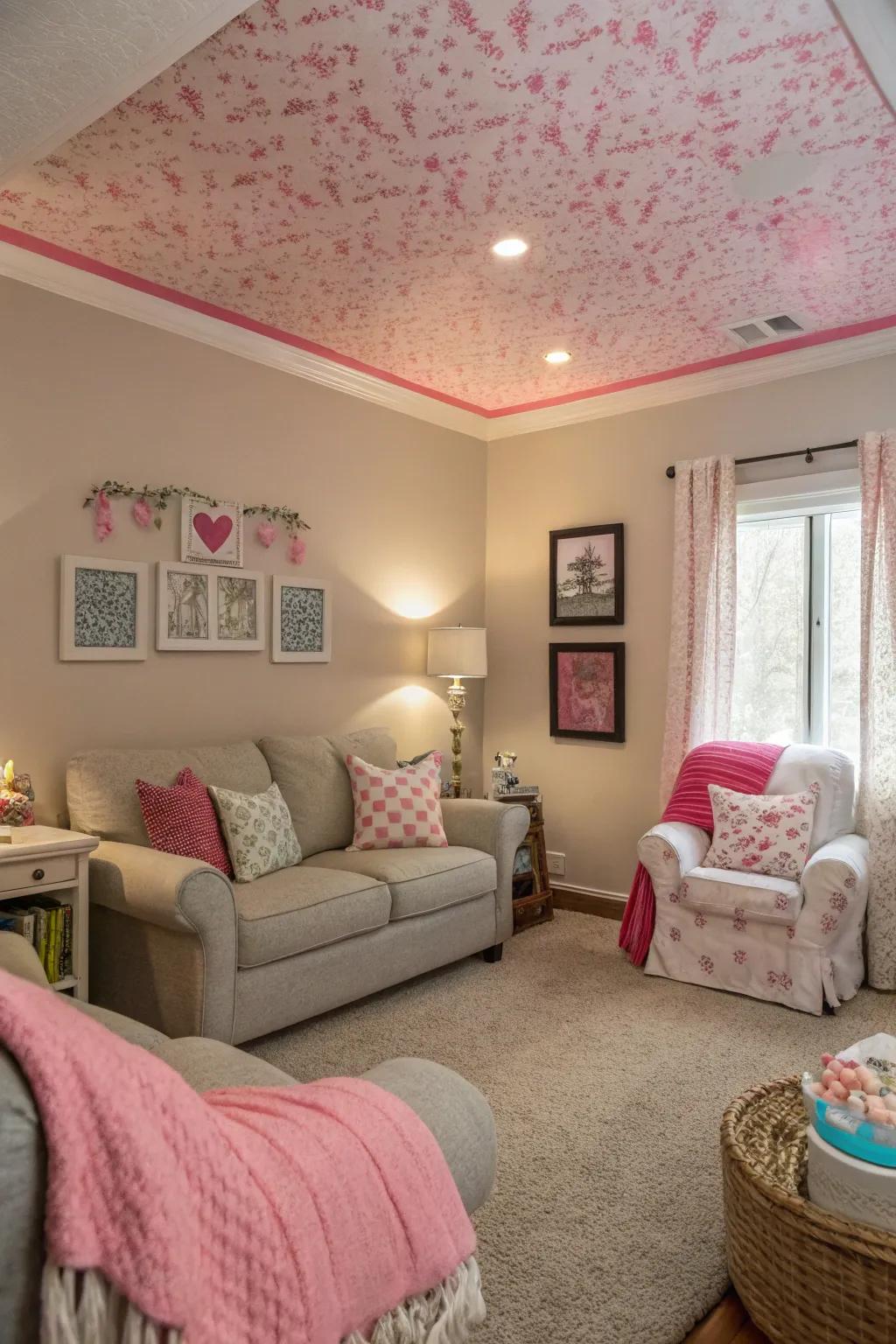 A pink ceiling offers an unexpected and playful twist to the design.