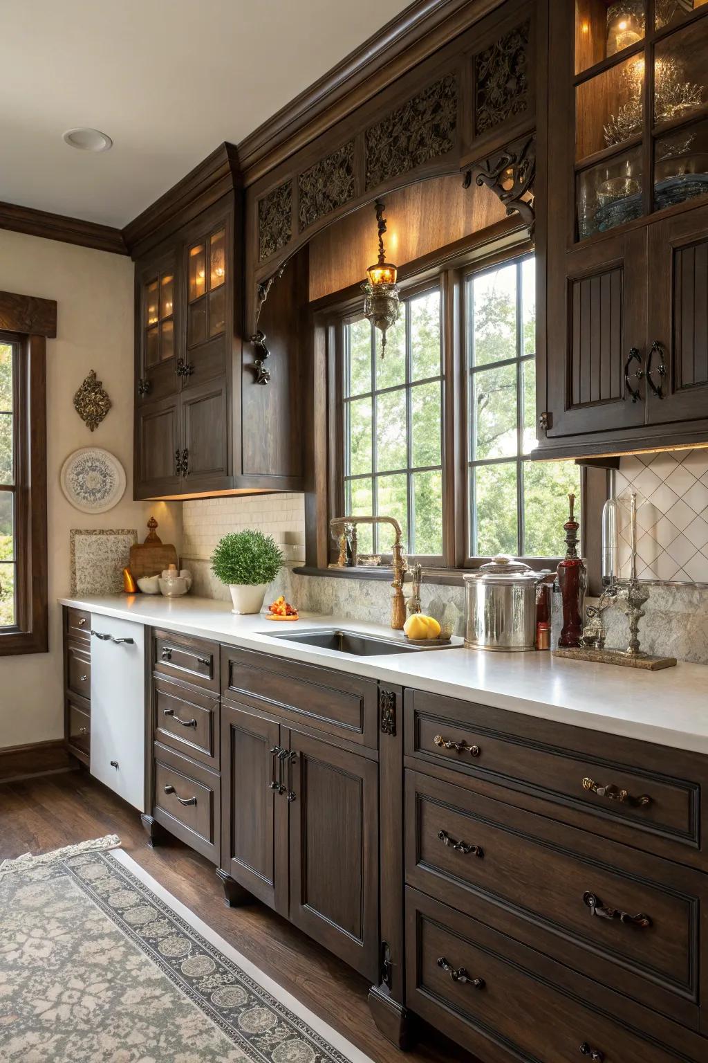 Vintage hardware adds a touch of traditional charm to dark cabinets.