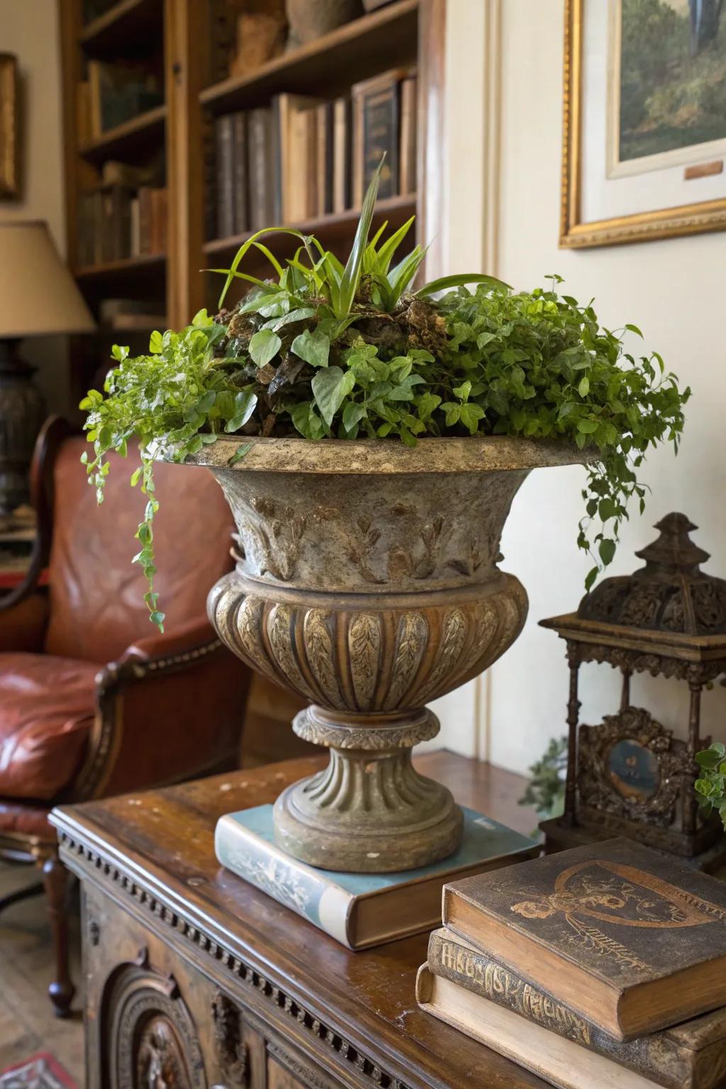 Antique containers repurposed as planters add greenery and charm.