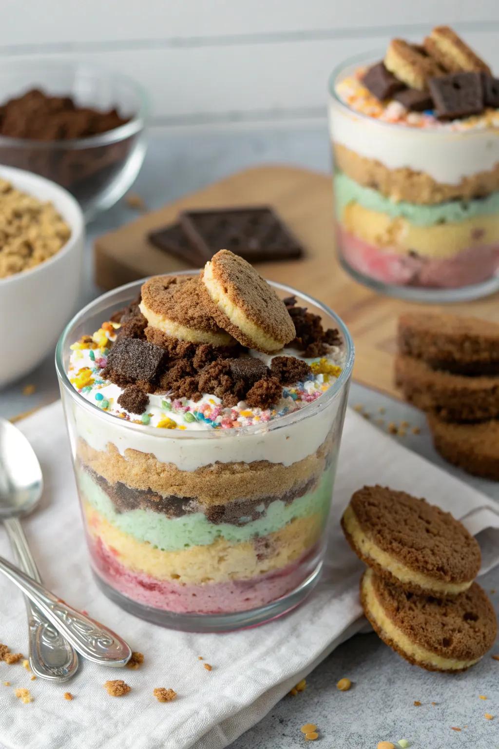 Edible terrarium treats with layers of cake, pudding, and crumbled cookies.