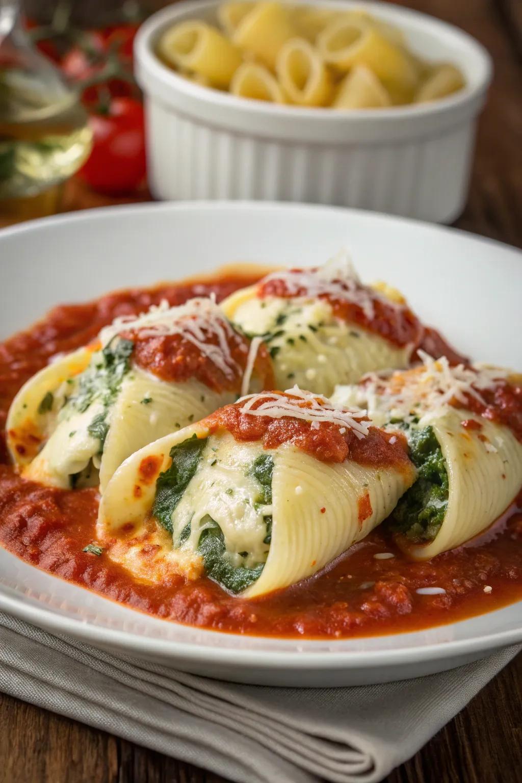 Spinach and ricotta stuffed shells with marinara sauce.