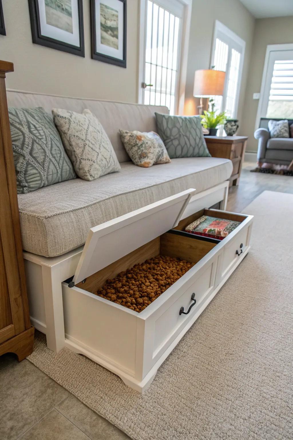 Convertible furniture with hidden compartments keeps dog food storage discreet and stylish.