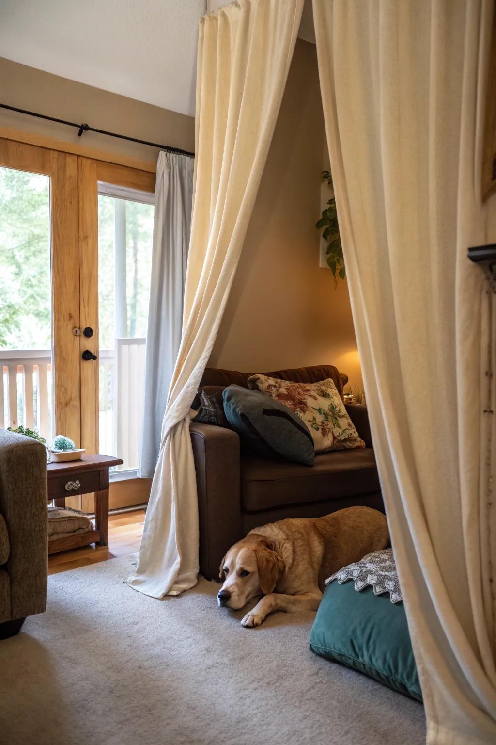 A concealed canine nook with draperies offers a private and exclusive retreat in the living quarters.