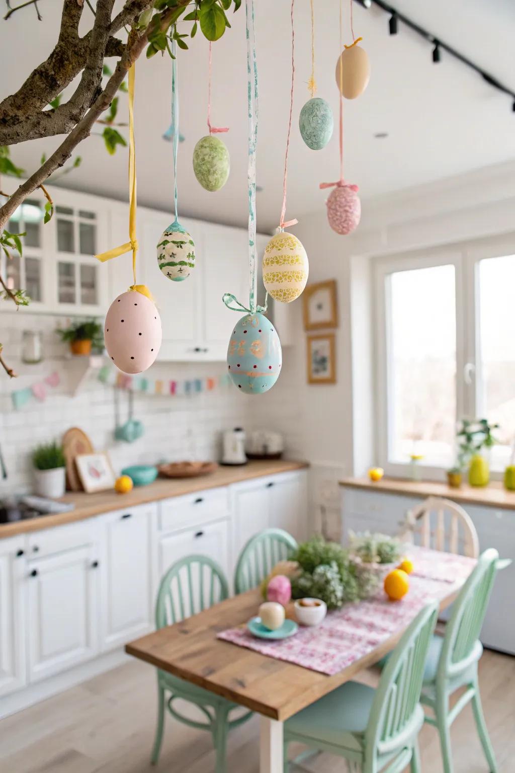 Suspending Easter eggs concoct a whimsical and eye-catching décor element.