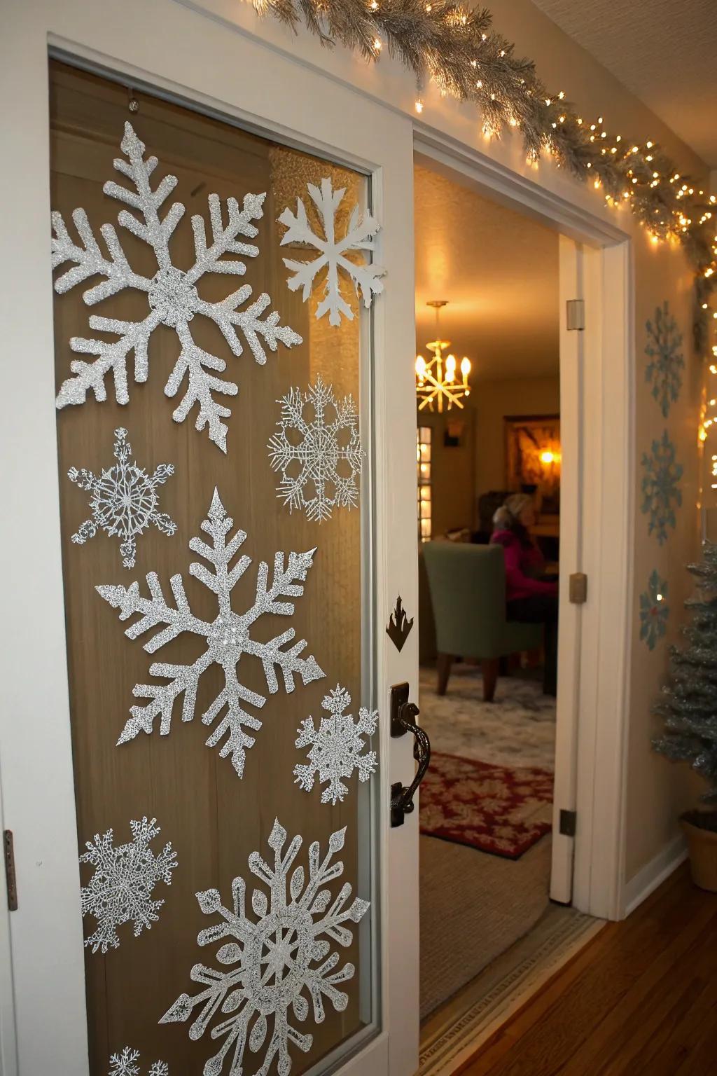 Snowflake accents add a sparkling wintery touch to any door.