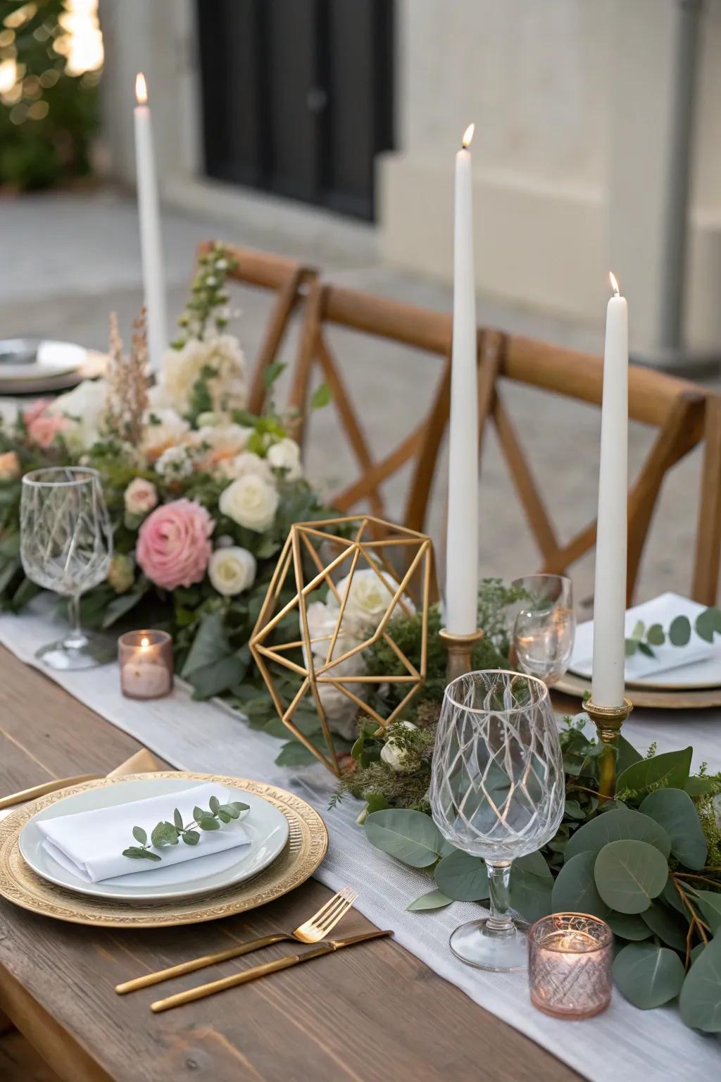 Geometric candle holders add a modern and artistic flair.