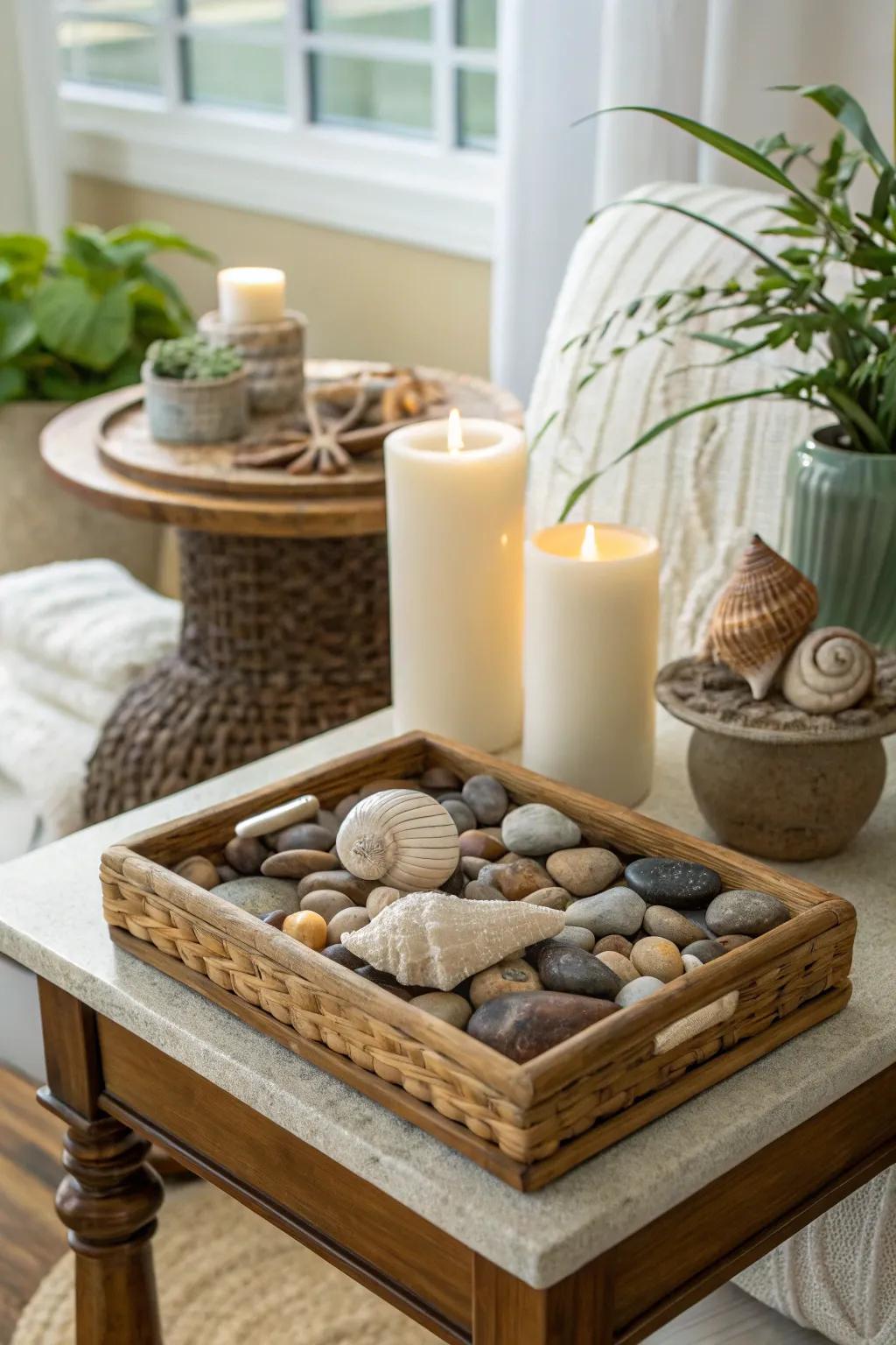 Natural elements bring serenity to an end table.