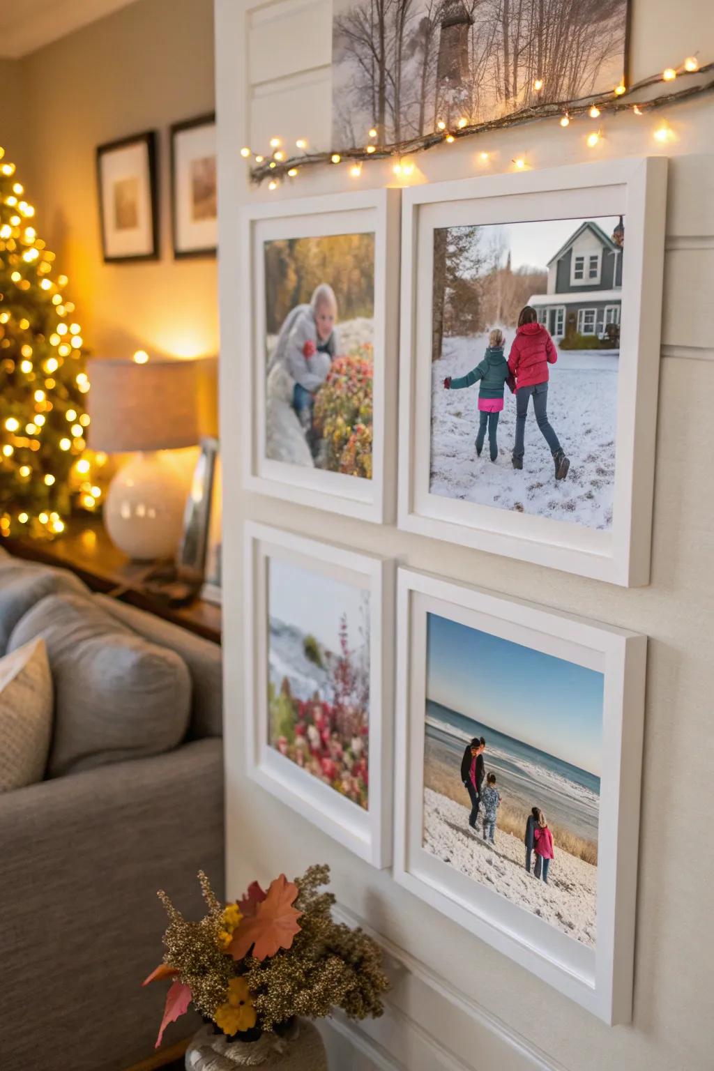 A seasonal swap keeps your photo wall fresh and relevant throughout the year.