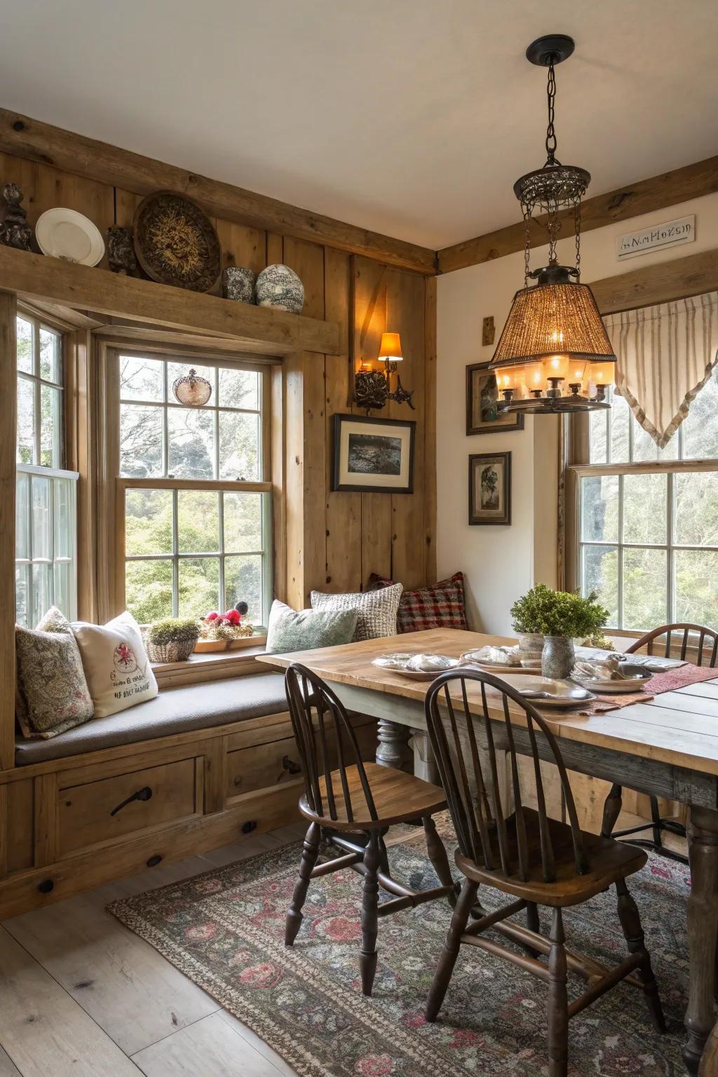 A window seat adds a cozy and inviting touch to this farmhouse dining room.