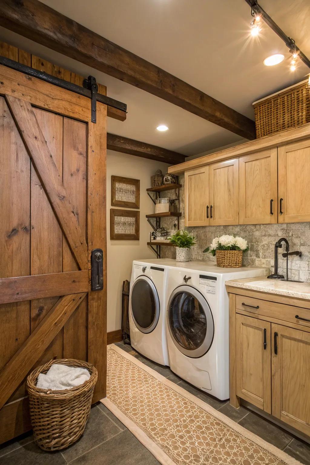 Barn door cabinets infuse this laundry room with rustic charm and style.