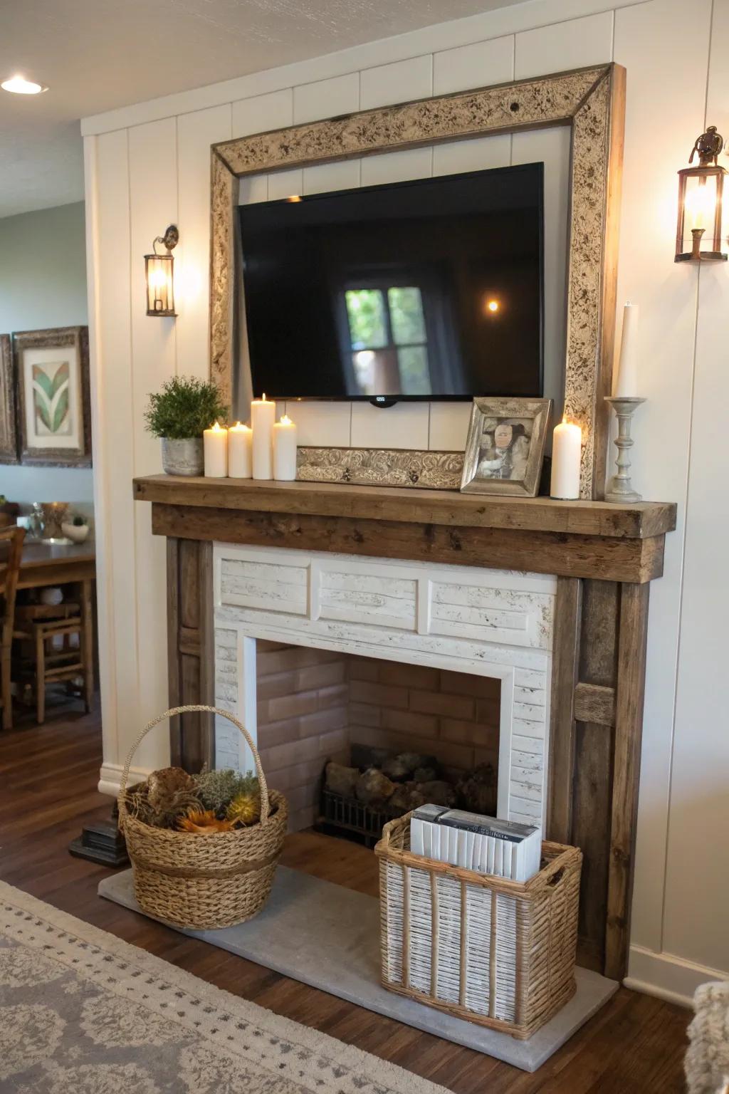 A farmhouse mantel with a TV above, enhanced by a stylish faux frame.