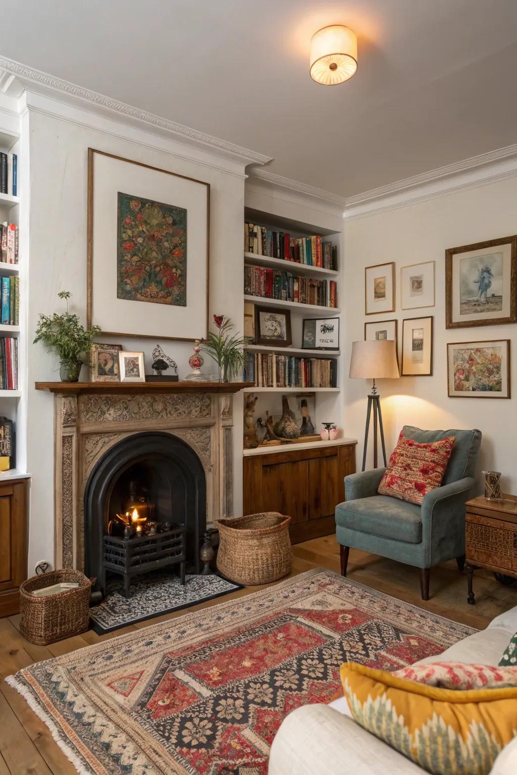 An eclectic living room spotlighting a mixture of styles surrounding the fireside alcove.