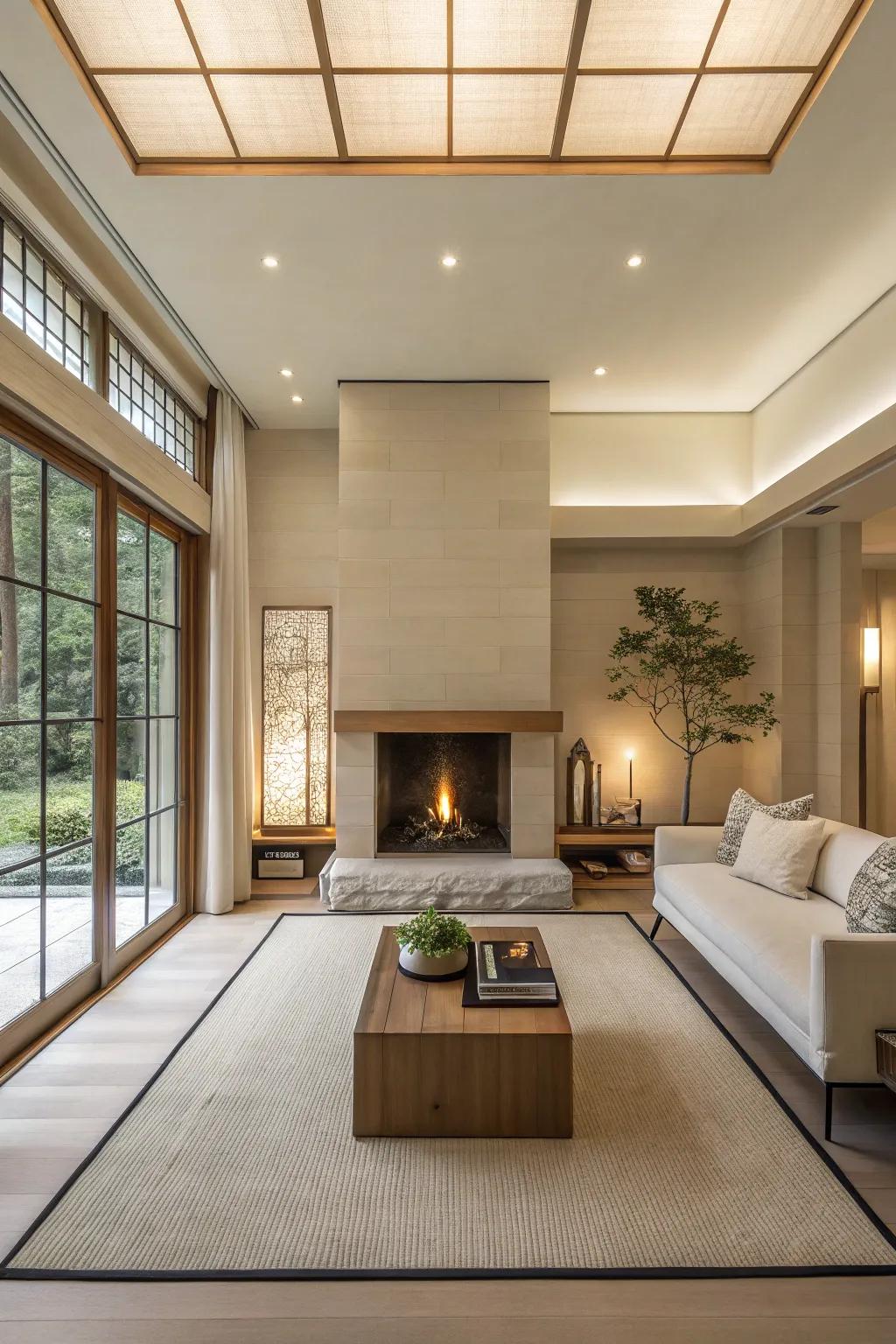 A serene, zen-inspired living space featuring a minimalist central fireplace.
