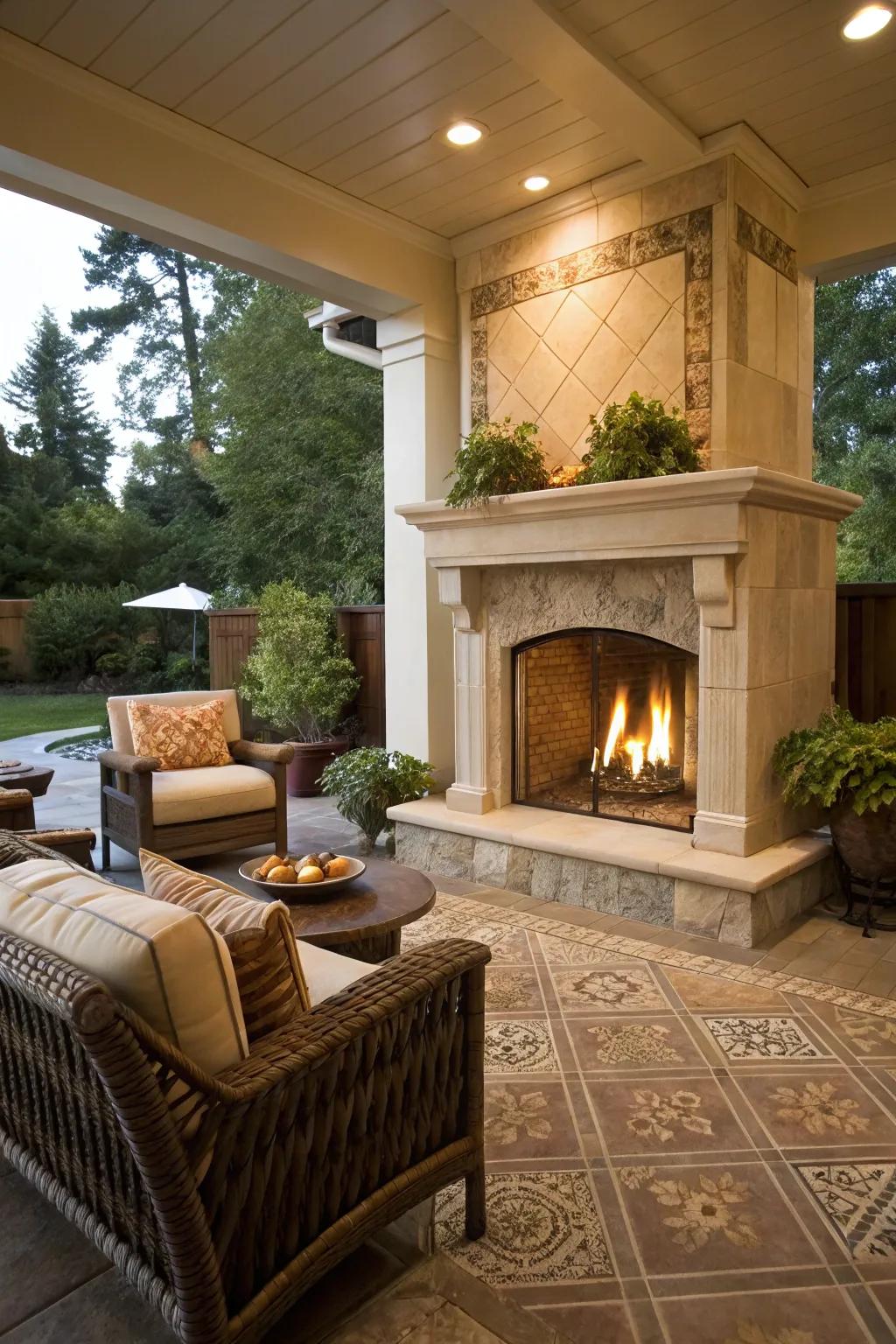 Matching tiles create a seamless indoor-outdoor fireplace design.