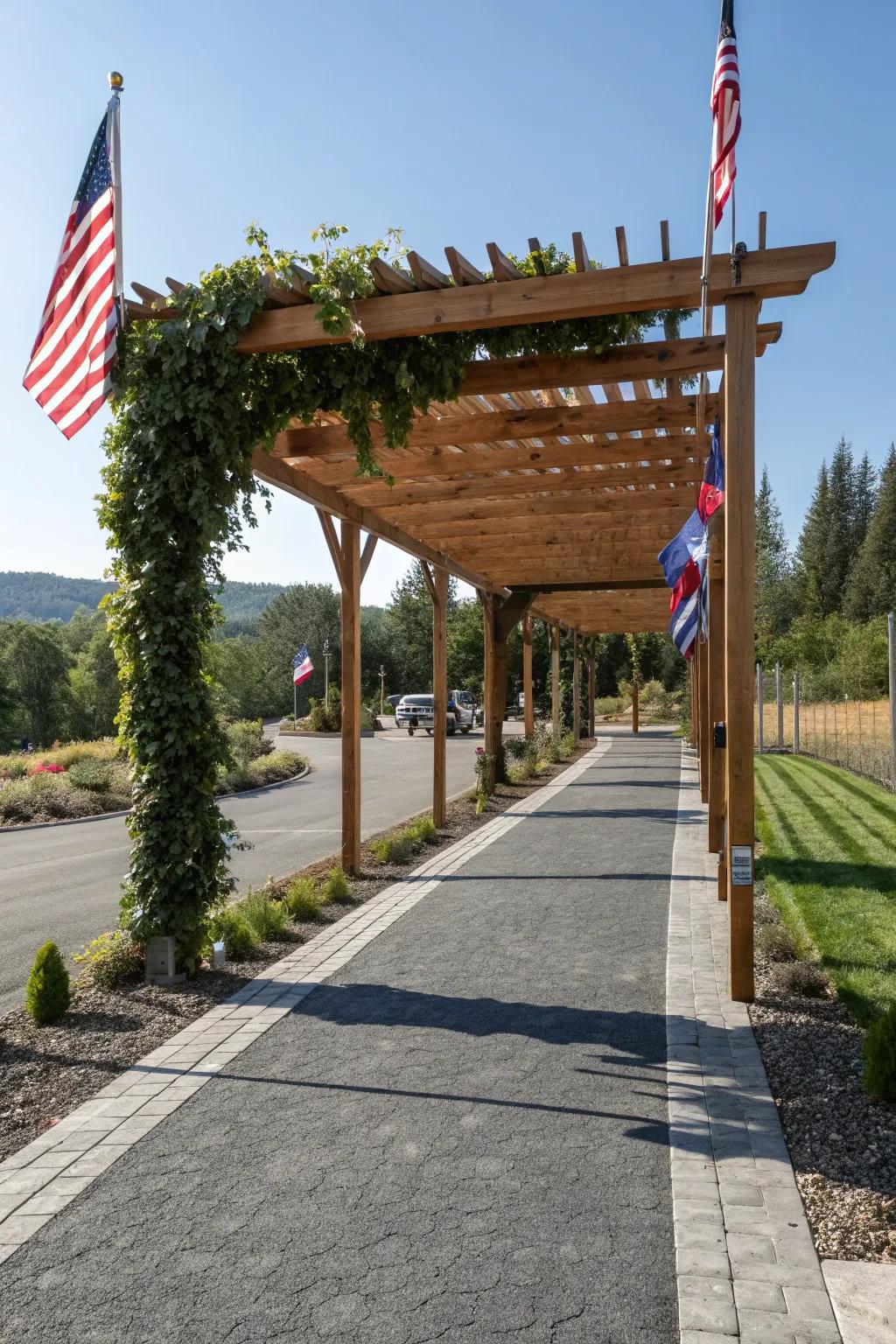 A wooden pergola introduces charm and shade to a rear lot access.