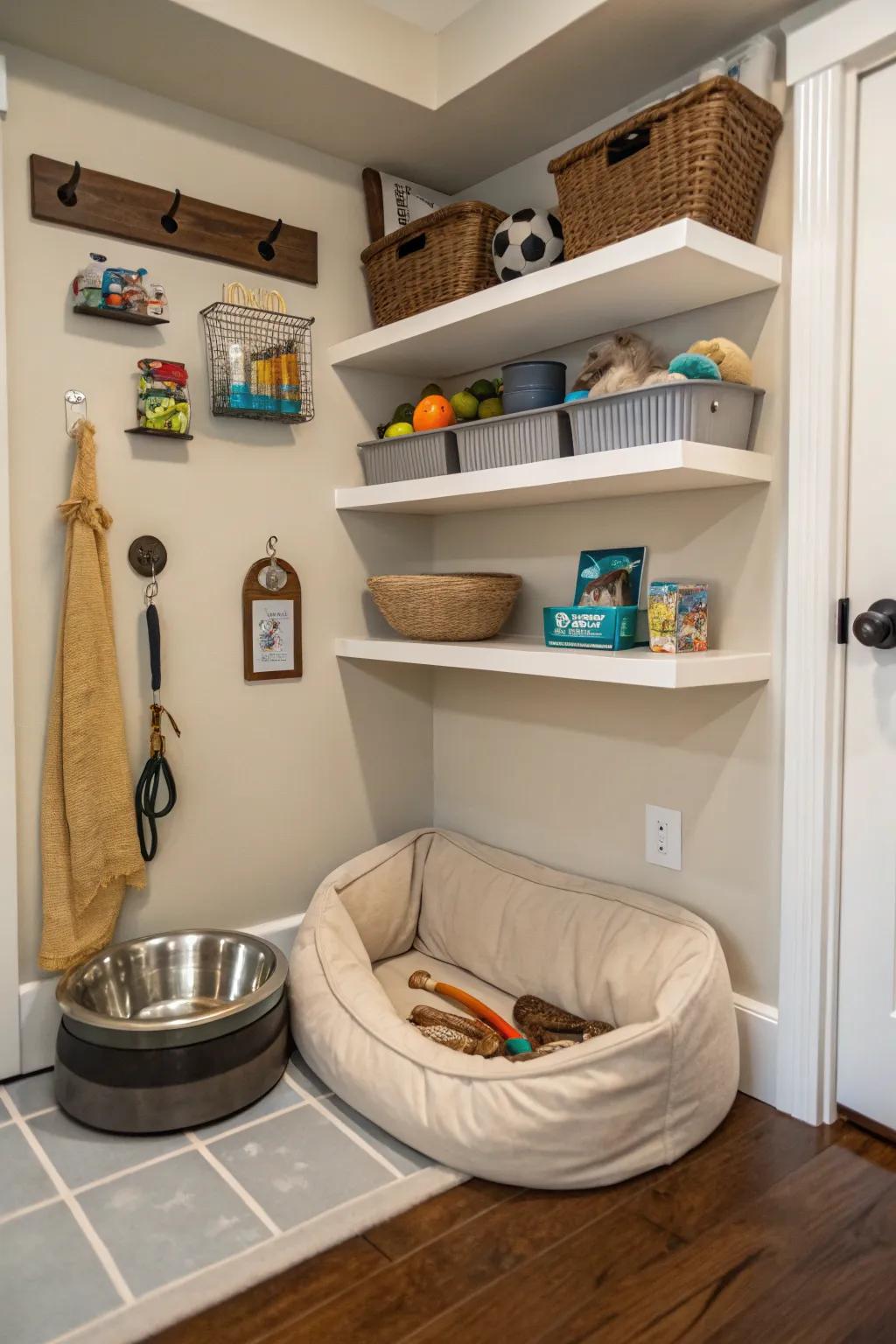 Floating shelves creating a tidy and stylish pet corner.