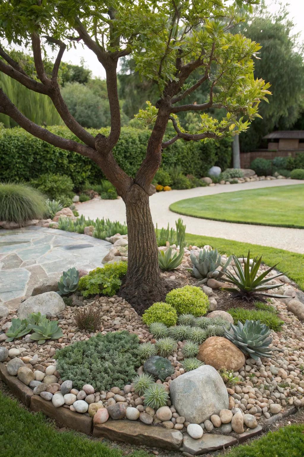 A stone garden featuring succulents renders an elegant, parchedness-forbearing blueprint encircling this tree.