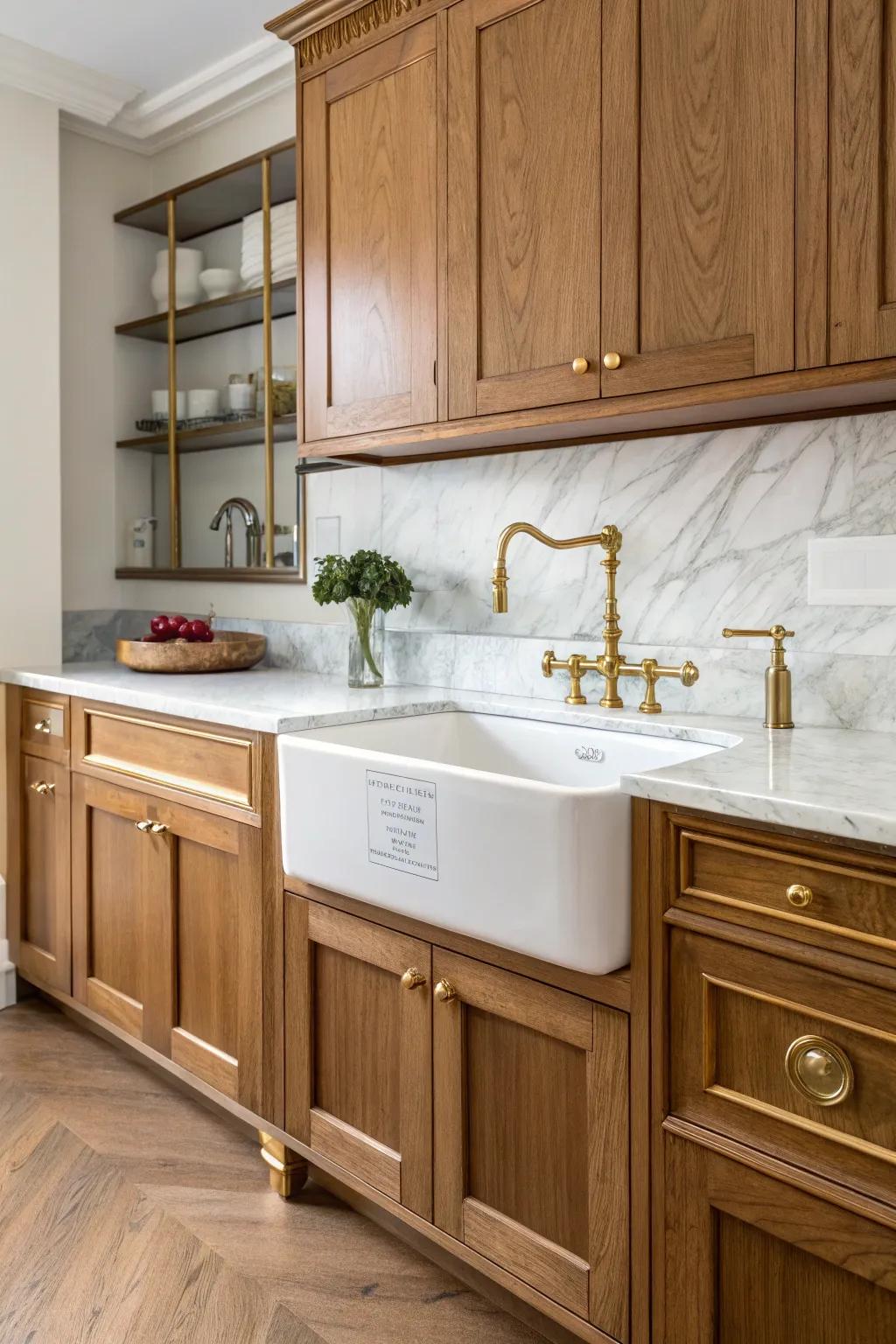 An elegant kitchen enhanced by brass accents around a free standing sink.