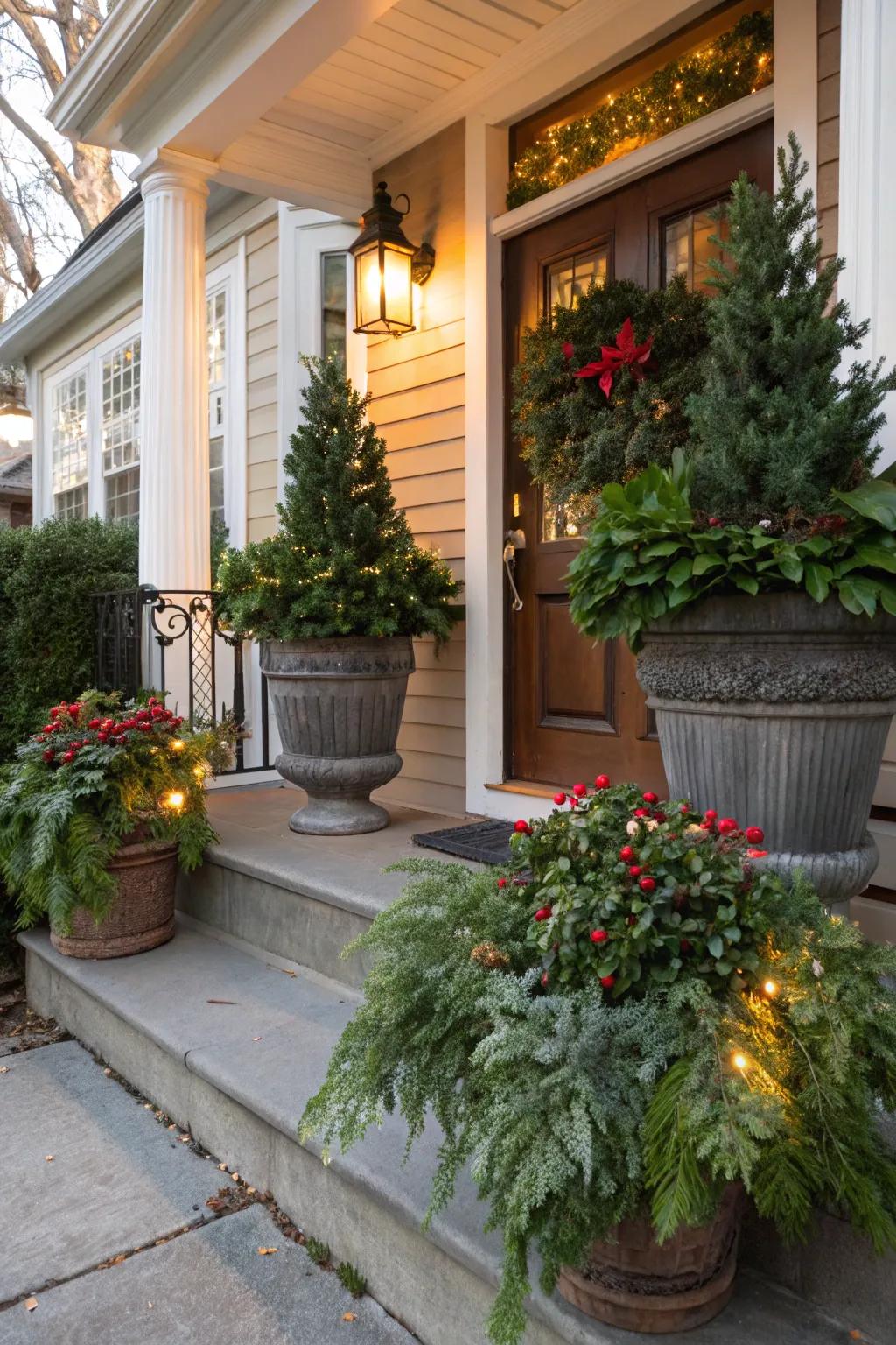 Potted plants with winter greenery add freshness to your porch.