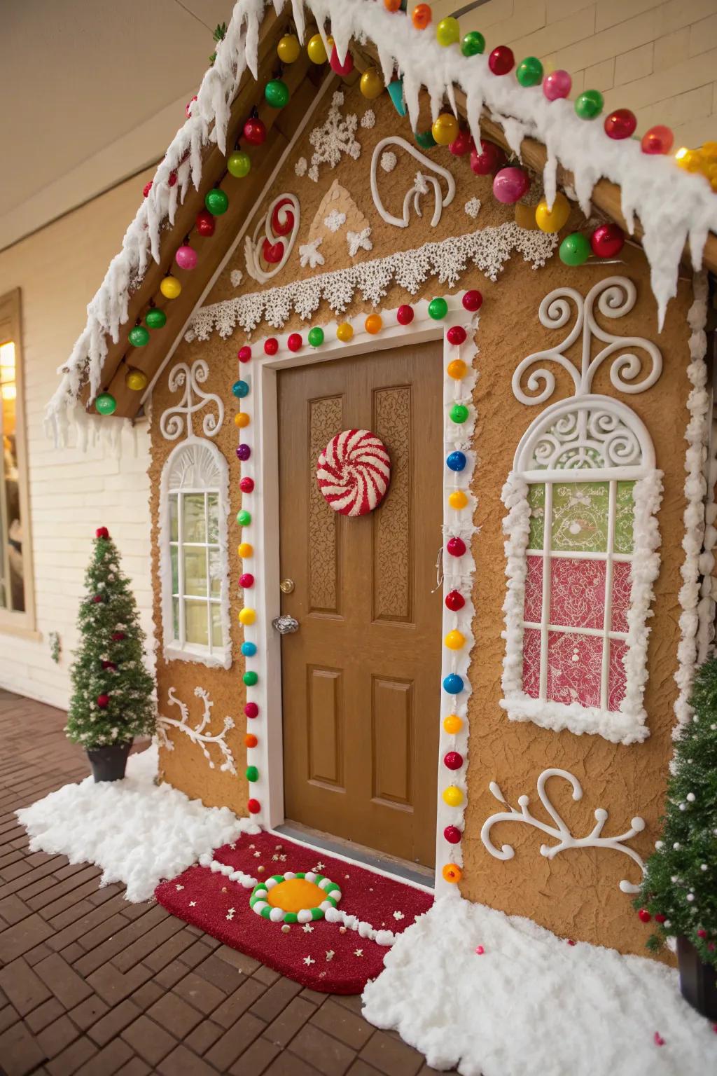 A gingerbread manor entrance decoration extends a sweet and festive welcome.